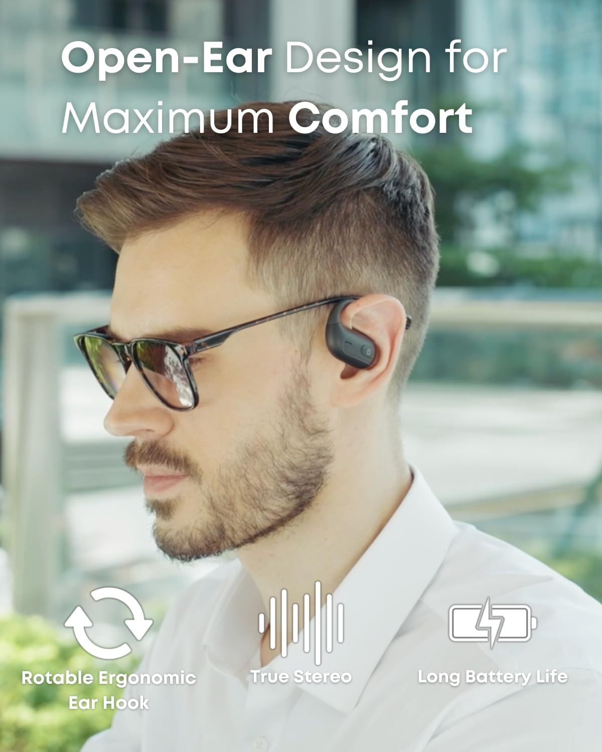OpenSport Pro - Open-Ear True Wireless Bluetooth Headphones with Microphone, Earbuds with Rotable Earhooks, ENC Noise Reduction, Water and Sweat Resistant, 24 Hours Playtime, Black